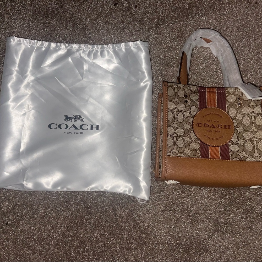 Coach Brown Signature Canvas Mini Tote with Stripe Detail